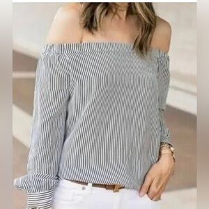 CAbi Navy and White Striped silk Top
